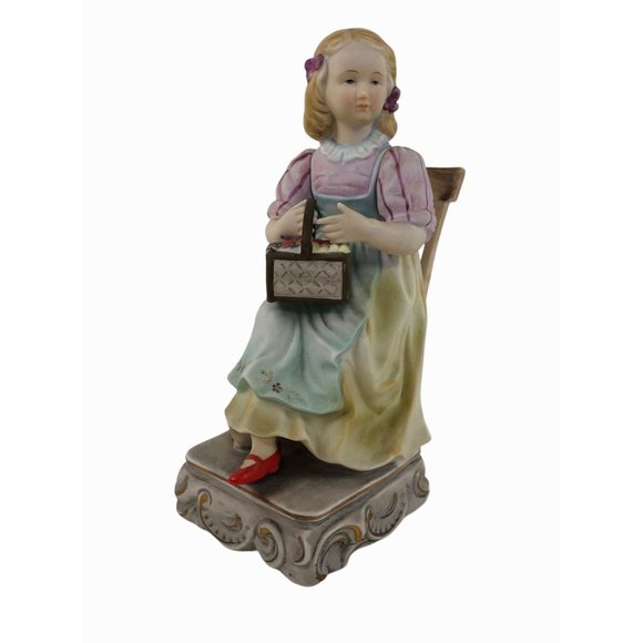 Unbranded Other - Porcelain Figurine Sitting Girl Holding Market Basket Red Shoes Marked 18/49